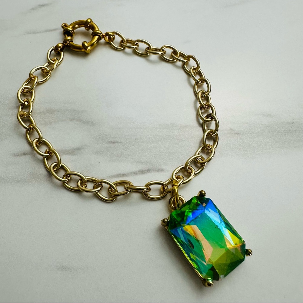 Handcrafted Gold Tone Bracelet w/ Iridescent Gemstone Pendant | 7” - Picture 4 of 13